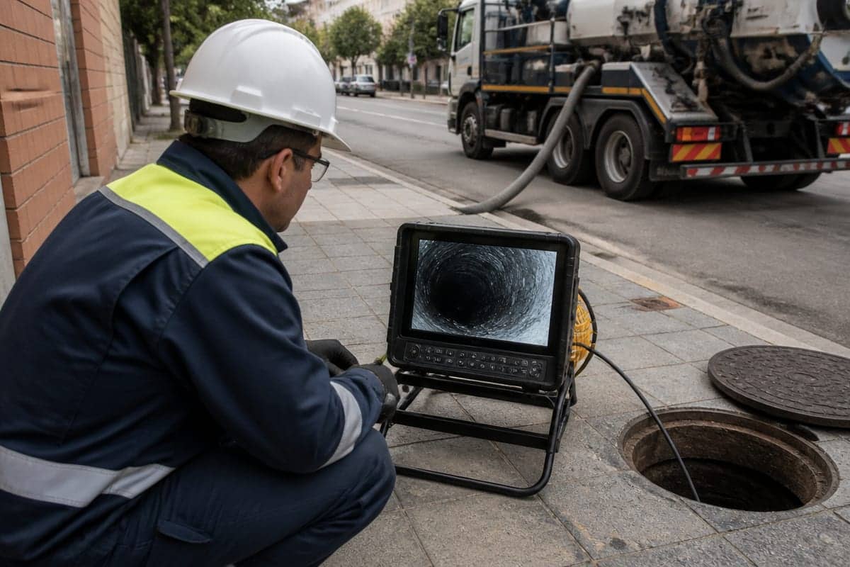 Monitor portátil sobre trípode muestra el interior rugoso de un conducto mientras un técnico observa la inspección en una acera
